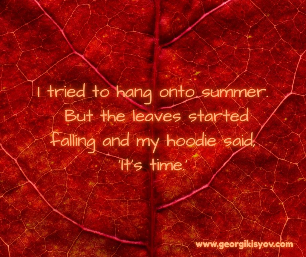 Autumn leaf background with a funny quote about hoodies and the end of summer