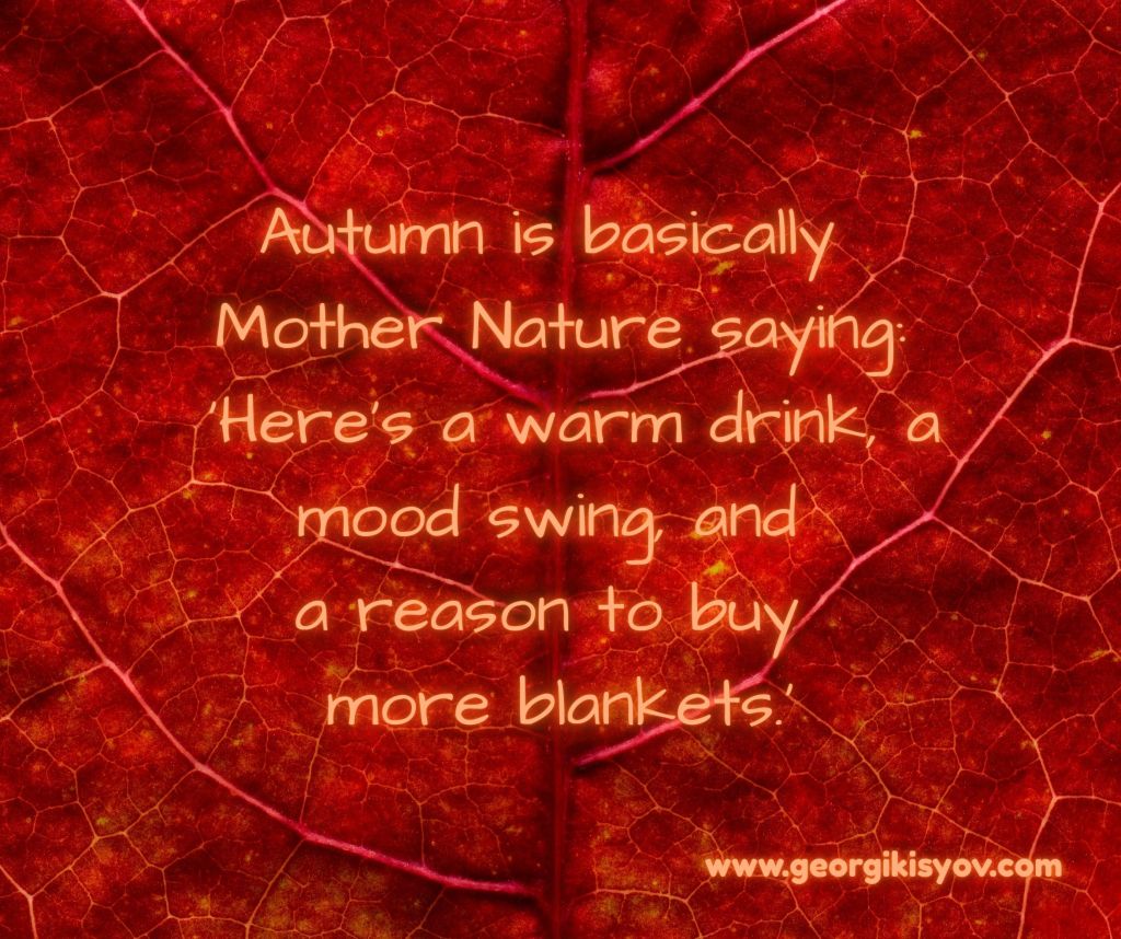Autumn leaf background with a funny quote about Mother Nature, mood swings, warm drinks, and blankets.