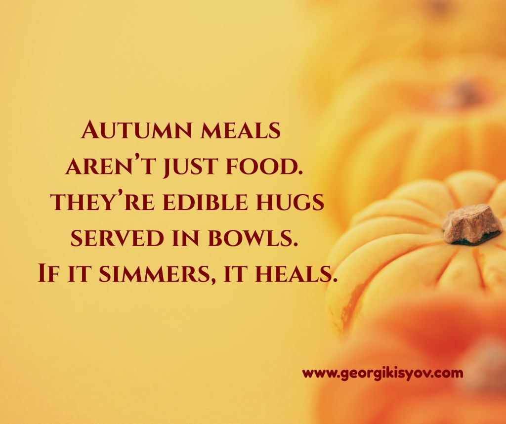 Pumpkins on a yellow background with a cozy autumn quote about warm meals and comfort food.