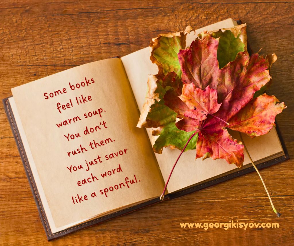 Open book with autumn leaves and a cozy quote comparing books to warm soup.