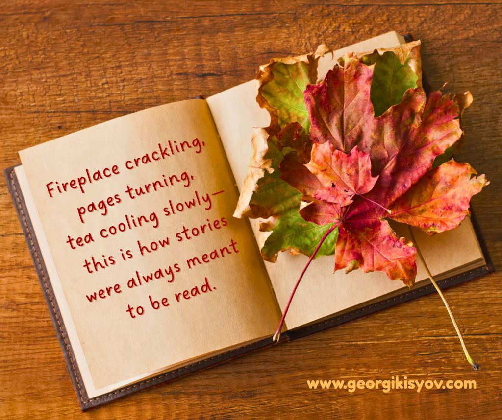 Open book with autumn leaves and a cozy quote about reading by the fireplace.
