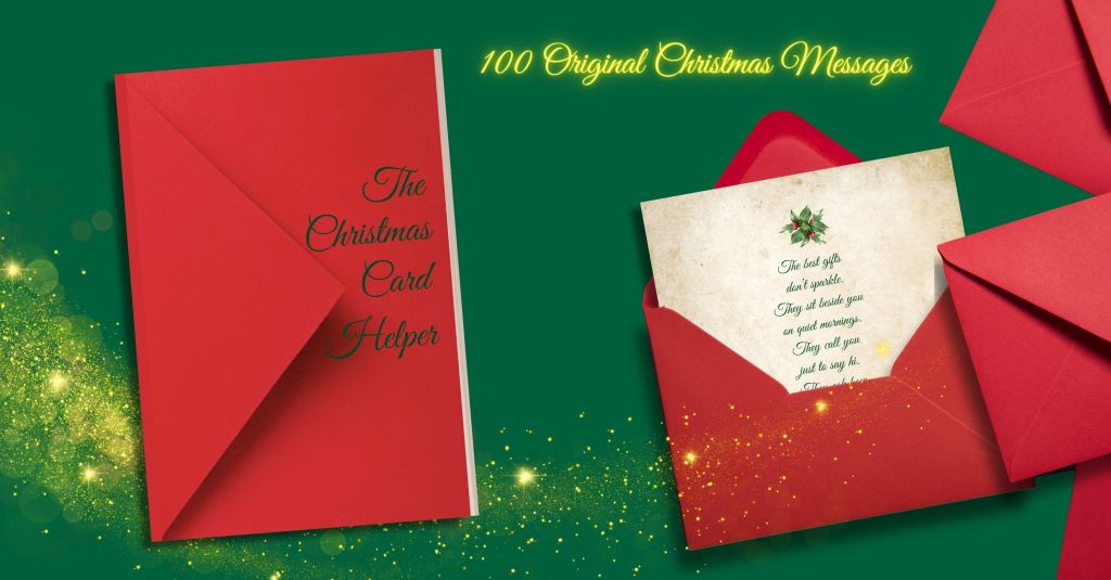 Festive flat lay of The Christmas Card Helper book and red envelopes on a green background with golden sparkles and glowing text reading ‘100 Original Christmas Messages’.