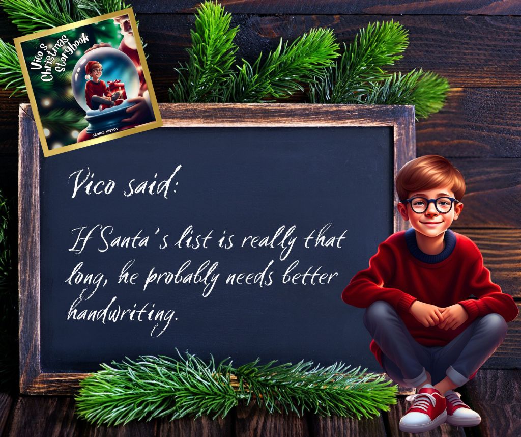 Vico said if Santa’s list is really that long he probably needs better handwriting quote, child sitting next to a chalkboard with Vico’s Christmas Storybook.