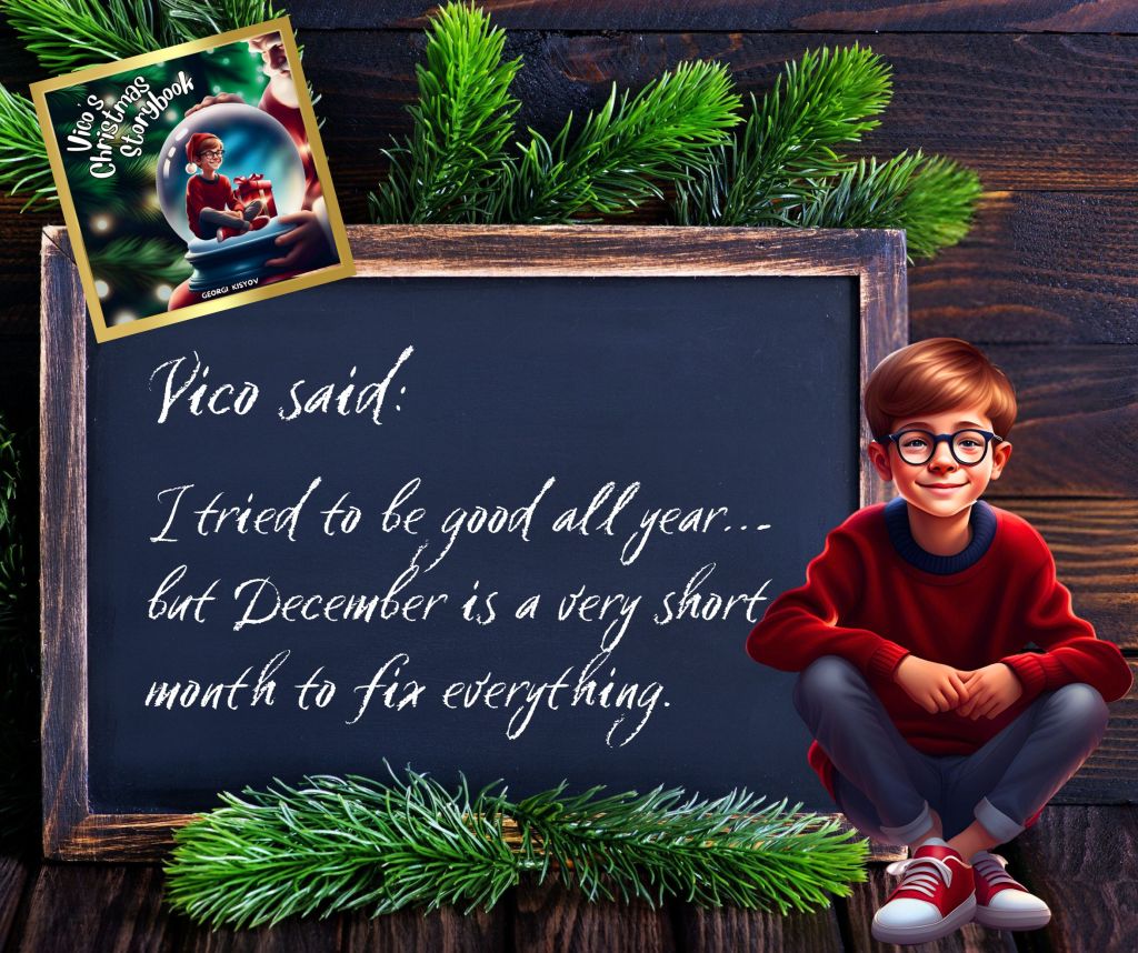 Vico said I tried to be good all year but December is a very short month to fix everything quote, child sitting next to a chalkboard with Vico’s Christmas Storybook.