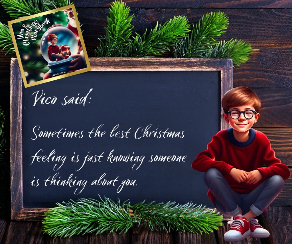 Vico said best Christmas feeling is knowing someone is thinking about you quote, child sitting beside chalkboard Christmas illustration.