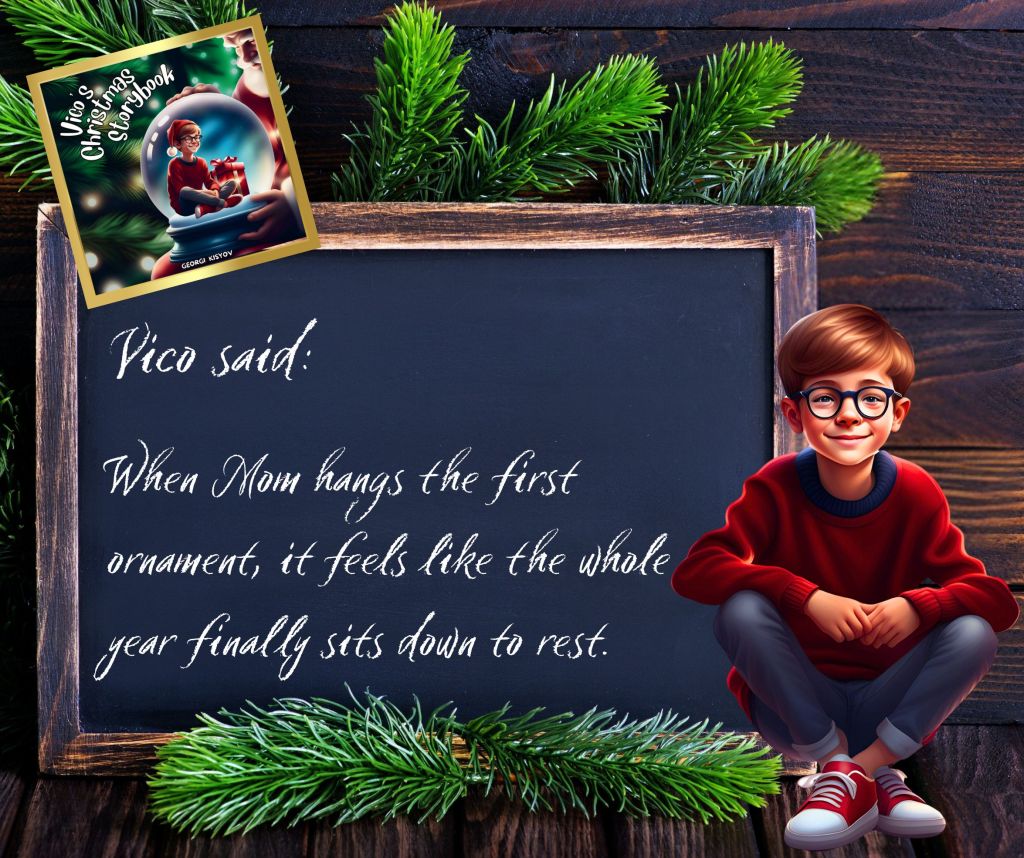Vico said when Mom hangs the first ornament the year finally rests quote, child sitting beside chalkboard Christmas illustration.