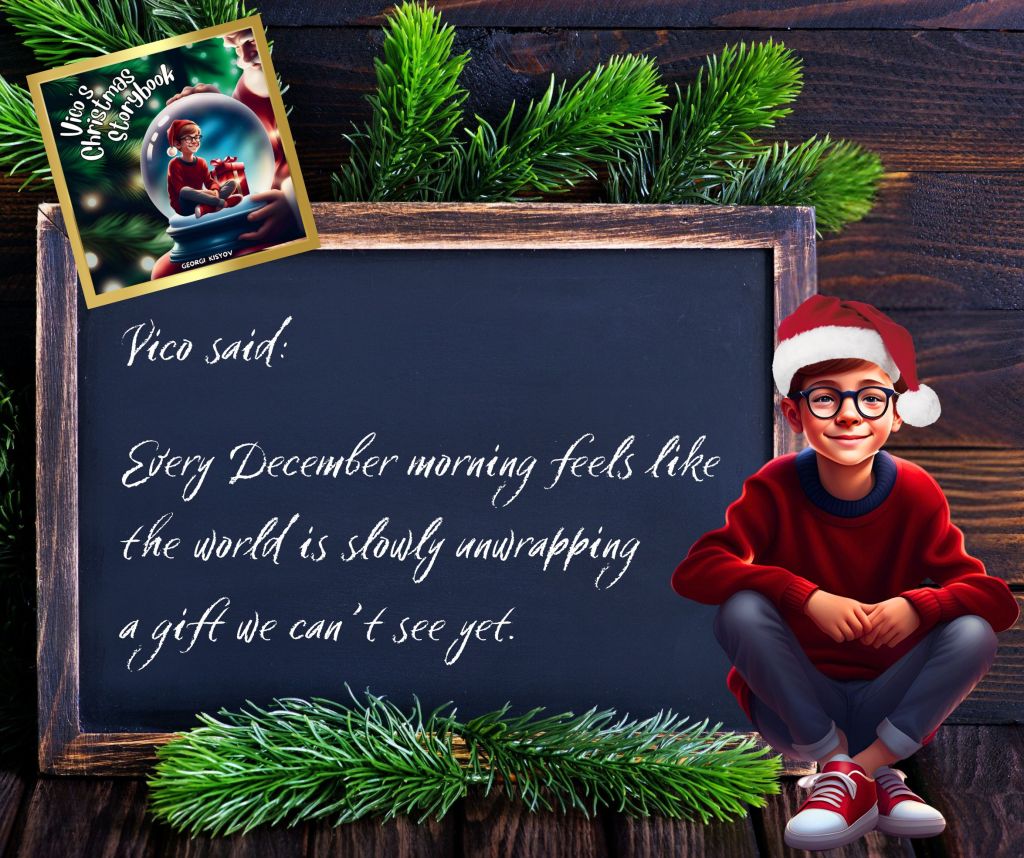 Vico said every December morning feels like the world is unwrapping a gift we can’t see yet quote, child in Santa hat beside chalkboard Christmas illustration.