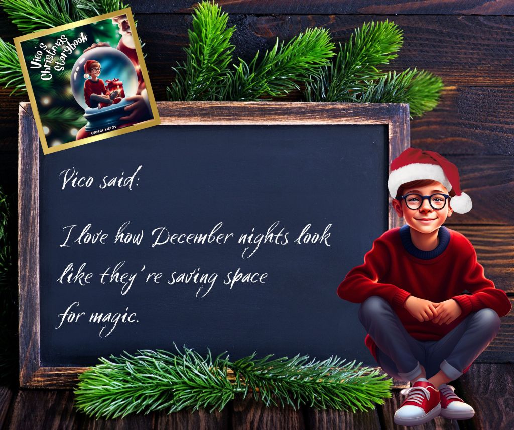 Vico said December nights look like they’re saving space for magic quote, child in Santa hat beside chalkboard Christmas illustration.