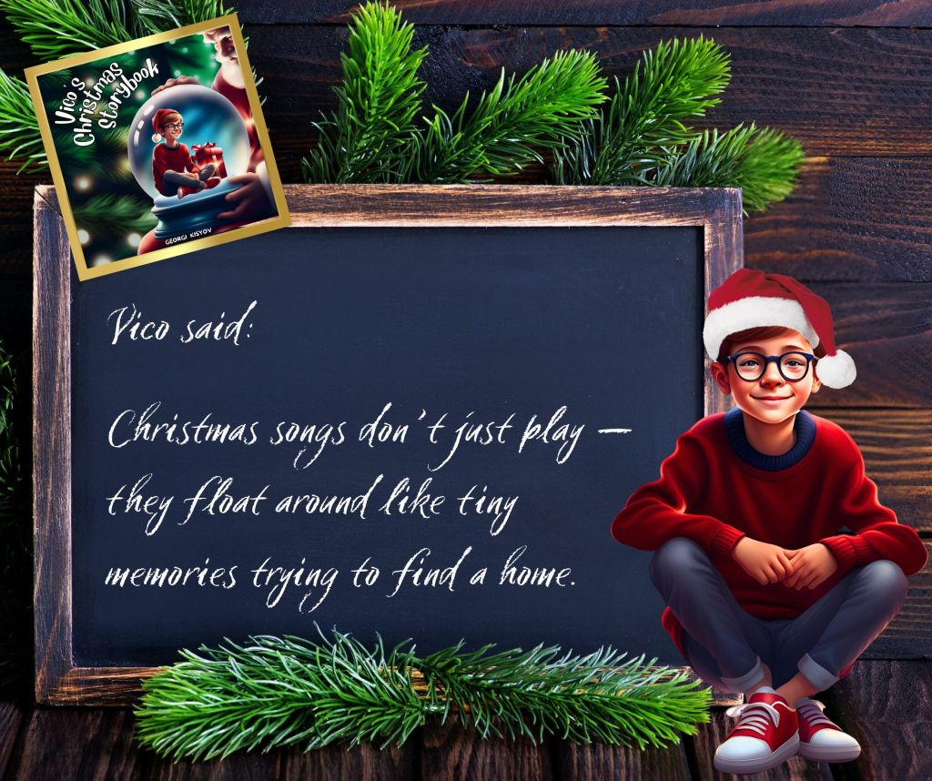 Vico said Christmas songs float like tiny memories trying to find a home quote, child in Santa hat beside chalkboard Christmas illustration.