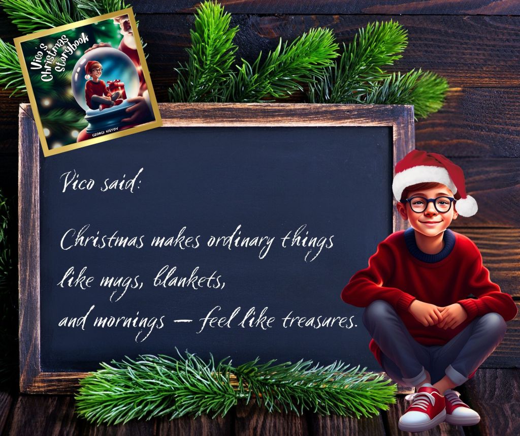 Vico said Christmas makes ordinary things like mugs blankets and mornings feel like treasures quote, child in Santa hat beside chalkboard Christmas illustration.