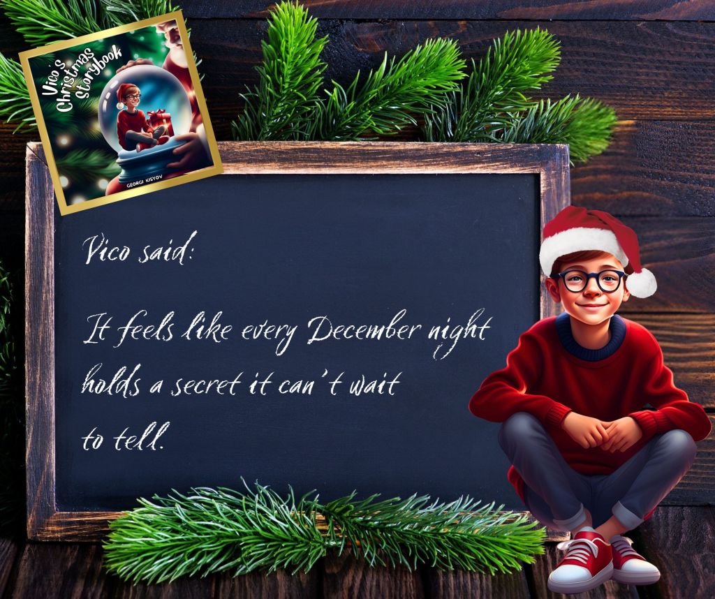 Vico said every December night holds a secret it can’t wait to tell quote, child in Santa hat beside chalkboard Christmas illustration.
