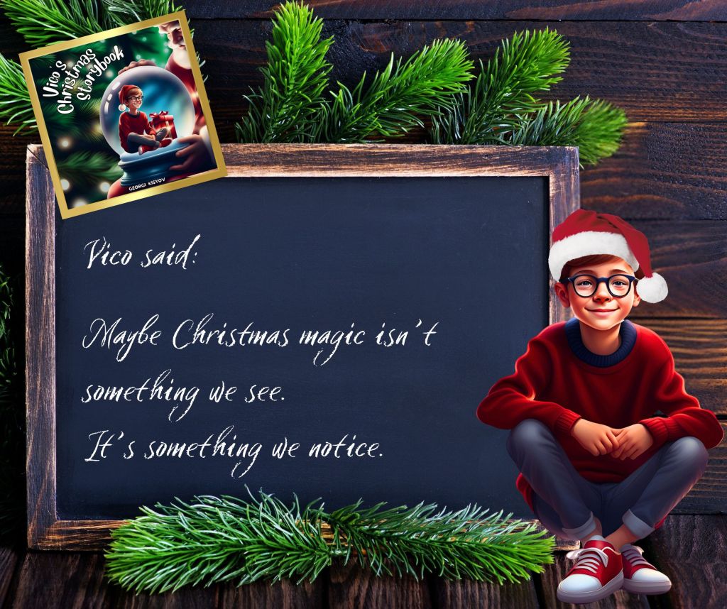 Vico said maybe Christmas magic isn’t something we see it’s something we notice quote, child in Santa hat beside chalkboard Christmas illustration.