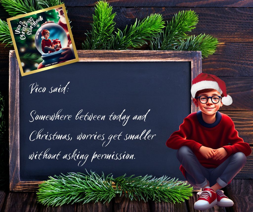 Vico said somewhere between today and Christmas worries get smaller without asking permission quote, child in Santa hat Christmas chalkboard illustration.