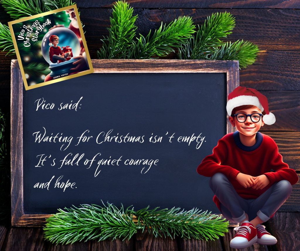 Vico said waiting for Christmas isn’t empty it’s full of quiet courage and hope quote, child in Santa hat Christmas chalkboard illustration.