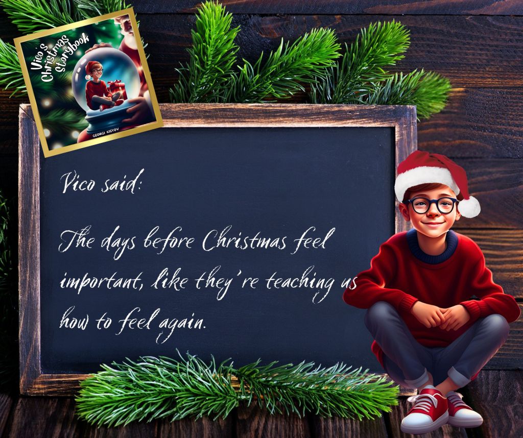 Vico said the days before Christmas feel important like they’re teaching us how to feel again quote, child in Santa hat Christmas chalkboard illustration.