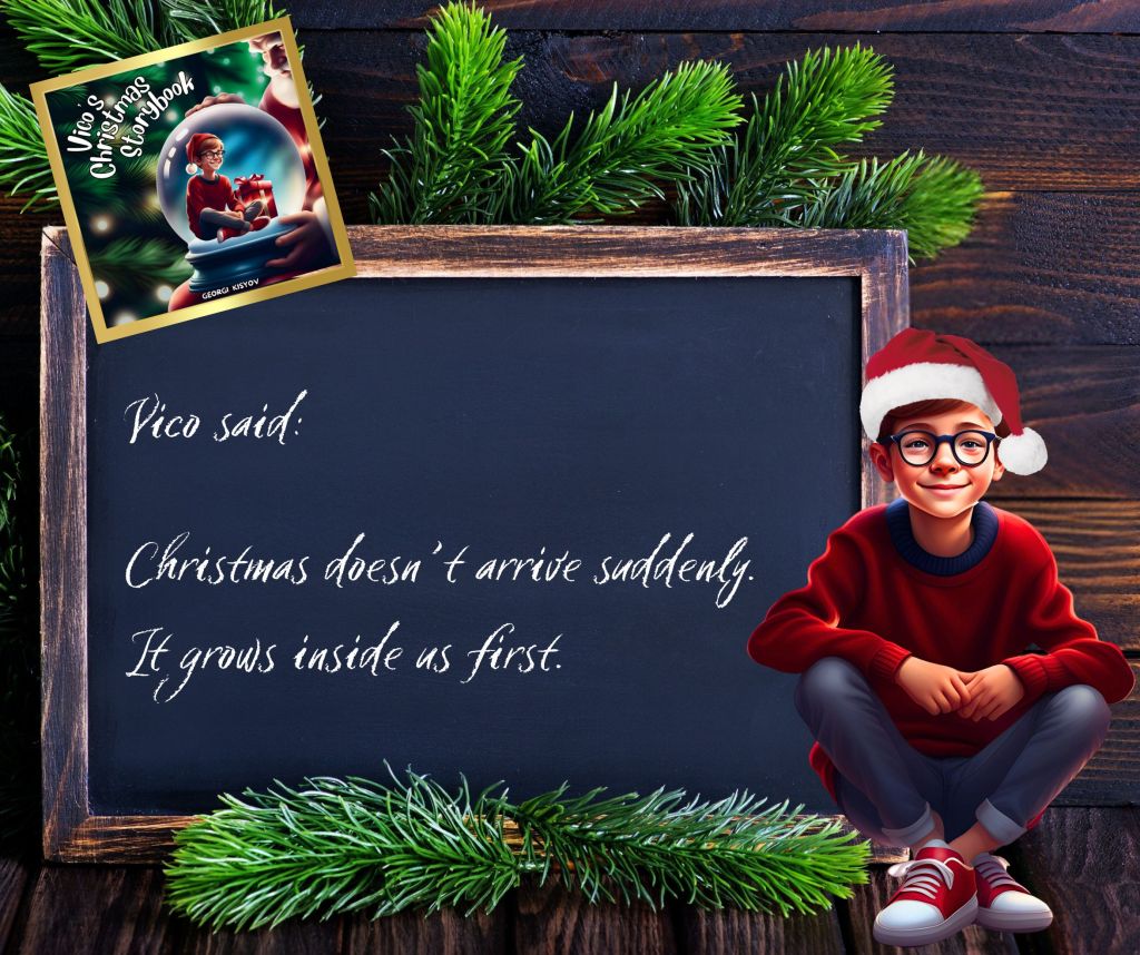 Vico said Christmas doesn’t arrive suddenly quote, child in Santa hat chalkboard Christmas illustration, quiet December reflection.