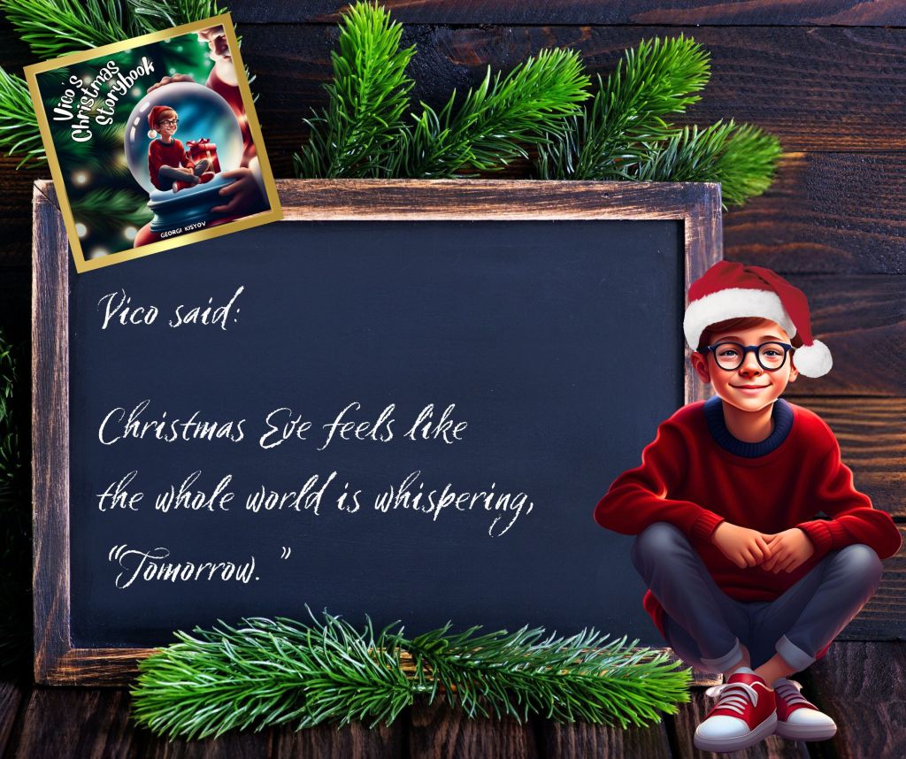 Vico said Christmas Eve feels like the world is whispering tomorrow quote, child in Santa hat chalkboard Christmas Eve illustration.